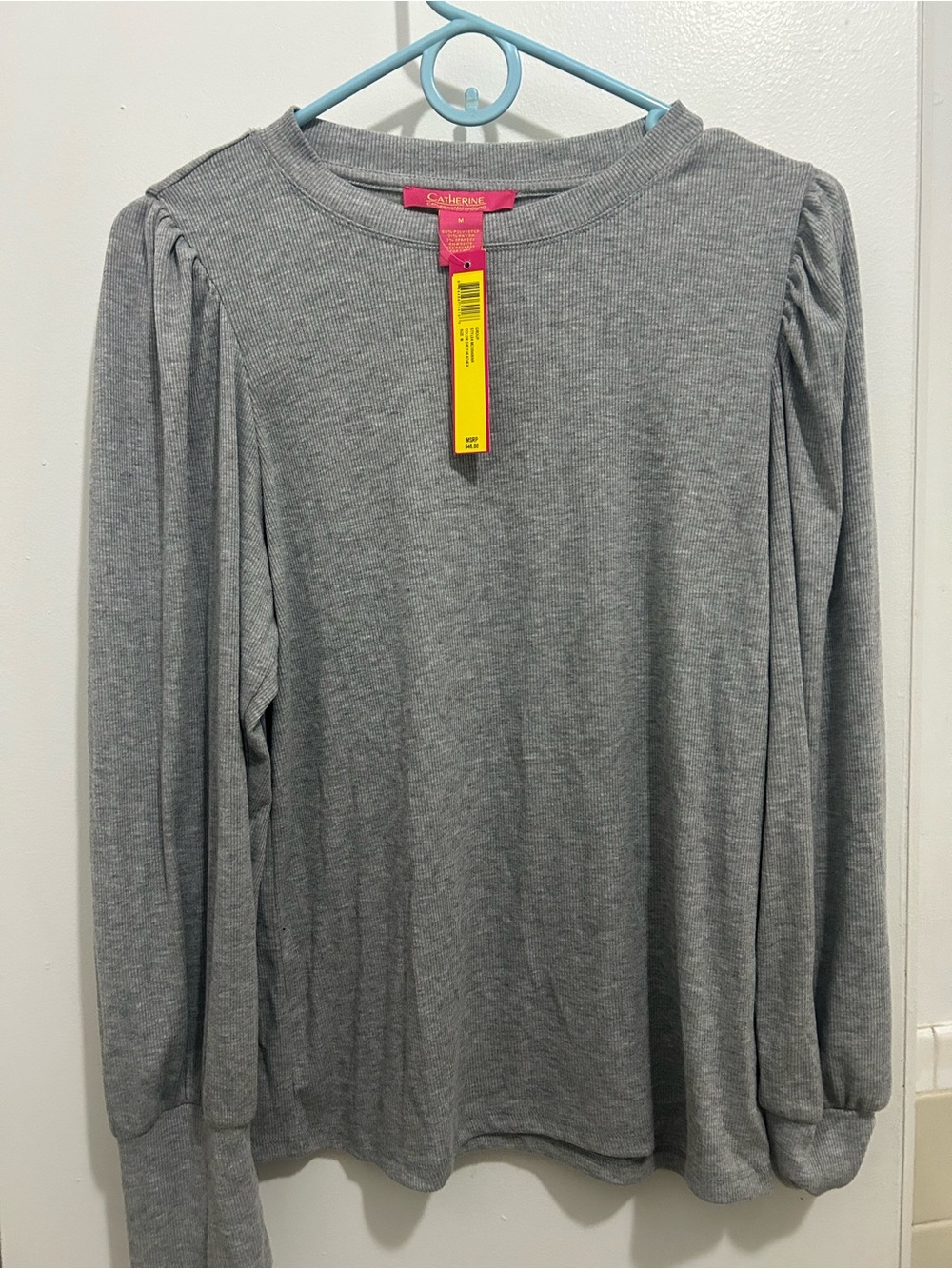 Catherines Gray Long-Sleeve Ribbed Puff-Sleeve Top